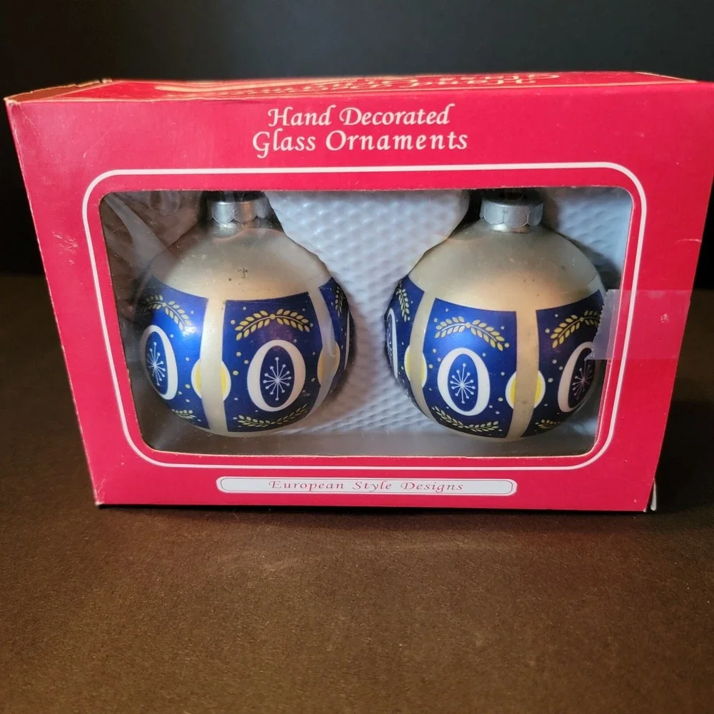 2 Vtg Christmas Glass Ball ORNAMENTS Blue Shrink Wrap centers